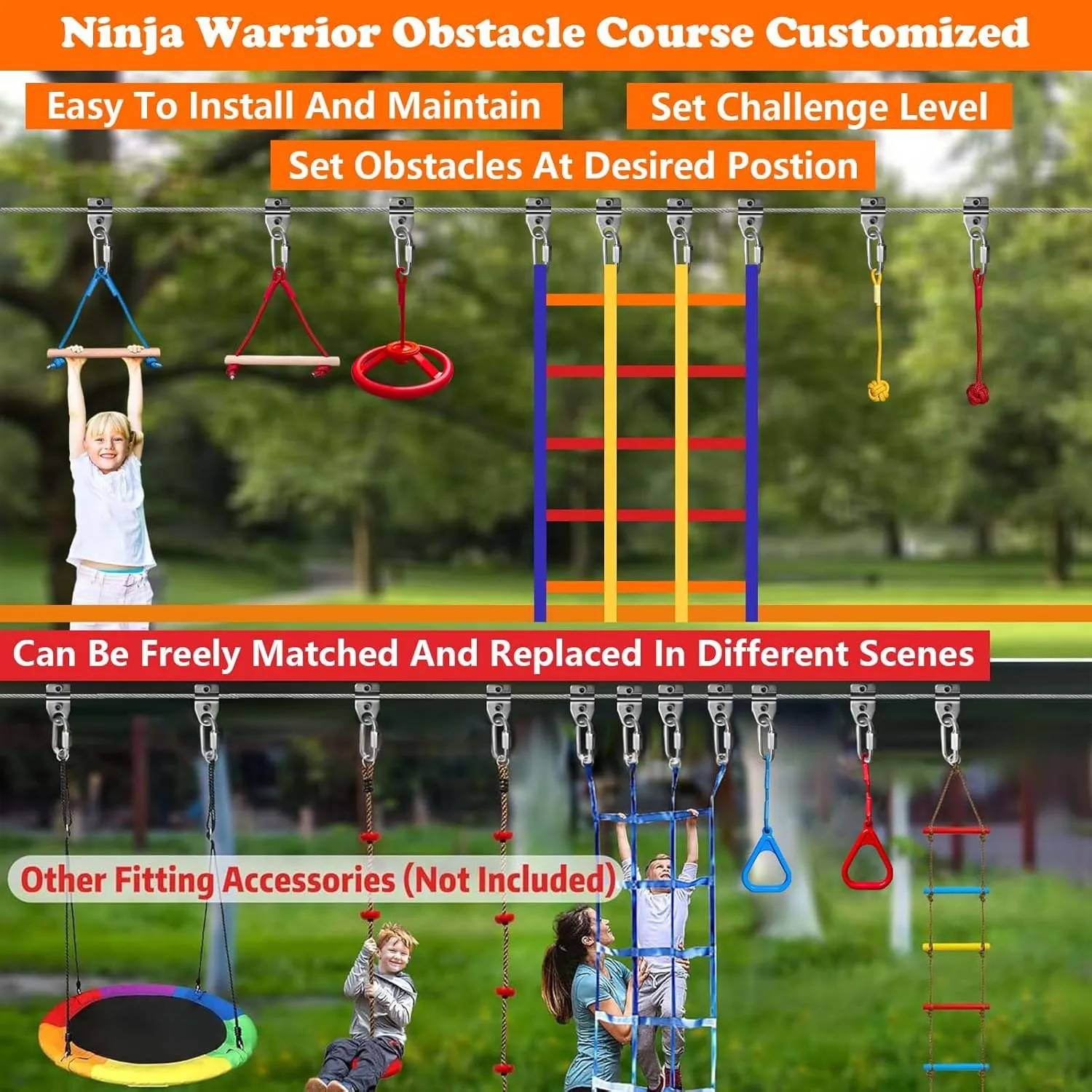 2 x 55FT Ninja Warrior Obstacle Course for Kids Backyard Outdoor, Stainless Steel Rope 500lbs, Ninja Bottom Slackline, Monkey Bars, Climbing Net (55FT 12Pcs Ratchet Bottom Rope)