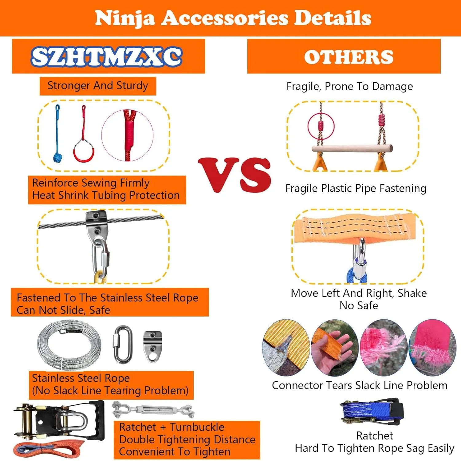 2 x 55FT Ninja Warrior Obstacle Course for Kids Backyard Outdoor, Stainless Steel Rope 500lbs, Ninja Bottom Slackline, Monkey Bars, Climbing Net (55FT 12Pcs Ratchet Bottom Rope)