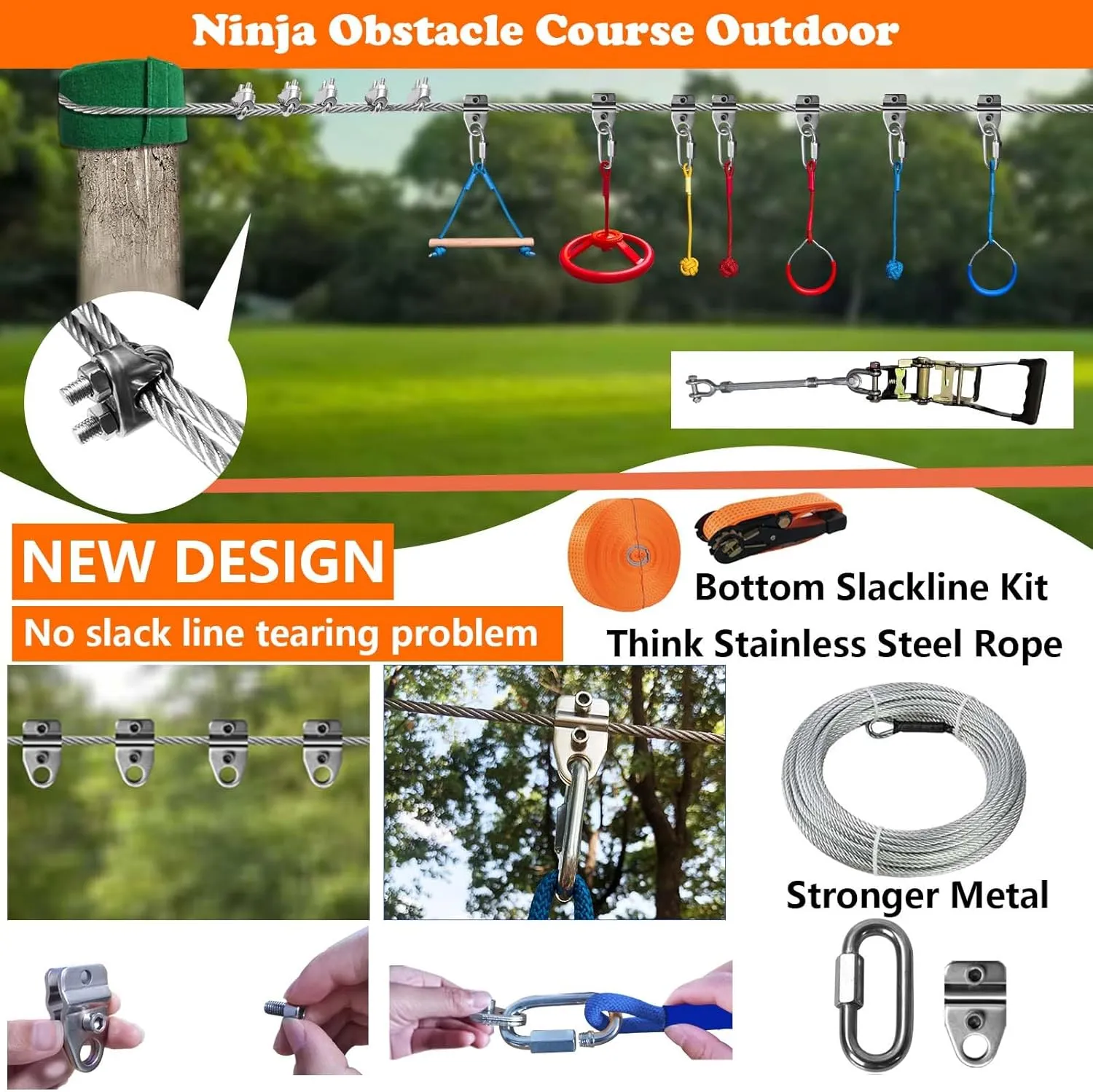 2 x 55FT Ninja Warrior Obstacle Course for Kids Backyard Outdoor, Stainless Steel Rope 500lbs, Ninja Bottom Slackline, Monkey Bars, Climbing Net (55FT 12Pcs Ratchet Bottom Rope)