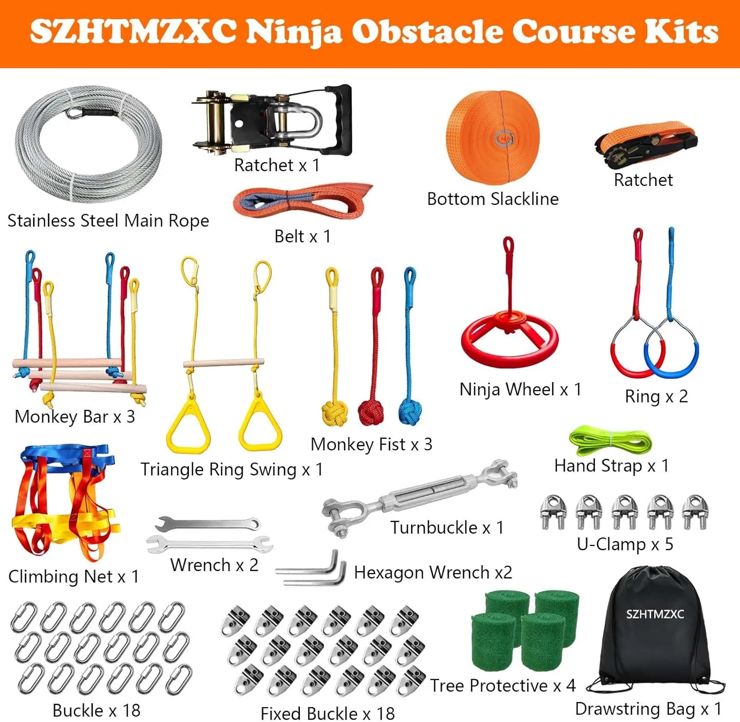2 x 55FT Ninja Warrior Obstacle Course for Kids Backyard Outdoor, Stainless Steel Rope 500lbs, Ninja Bottom Slackline, Monkey Bars, Climbing Net (55FT 12Pcs Ratchet Bottom Rope)