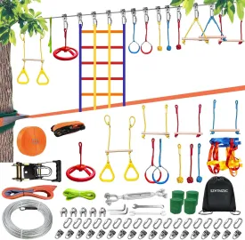 2 x 55FT Ninja Warrior Obstacle Course for Kids Backyard Outdoor, Stainless Steel Rope 500lbs, Ninja Bottom Slackline, Monkey Bars, Climbing Net (55FT 12Pcs Ratchet Bottom Rope)