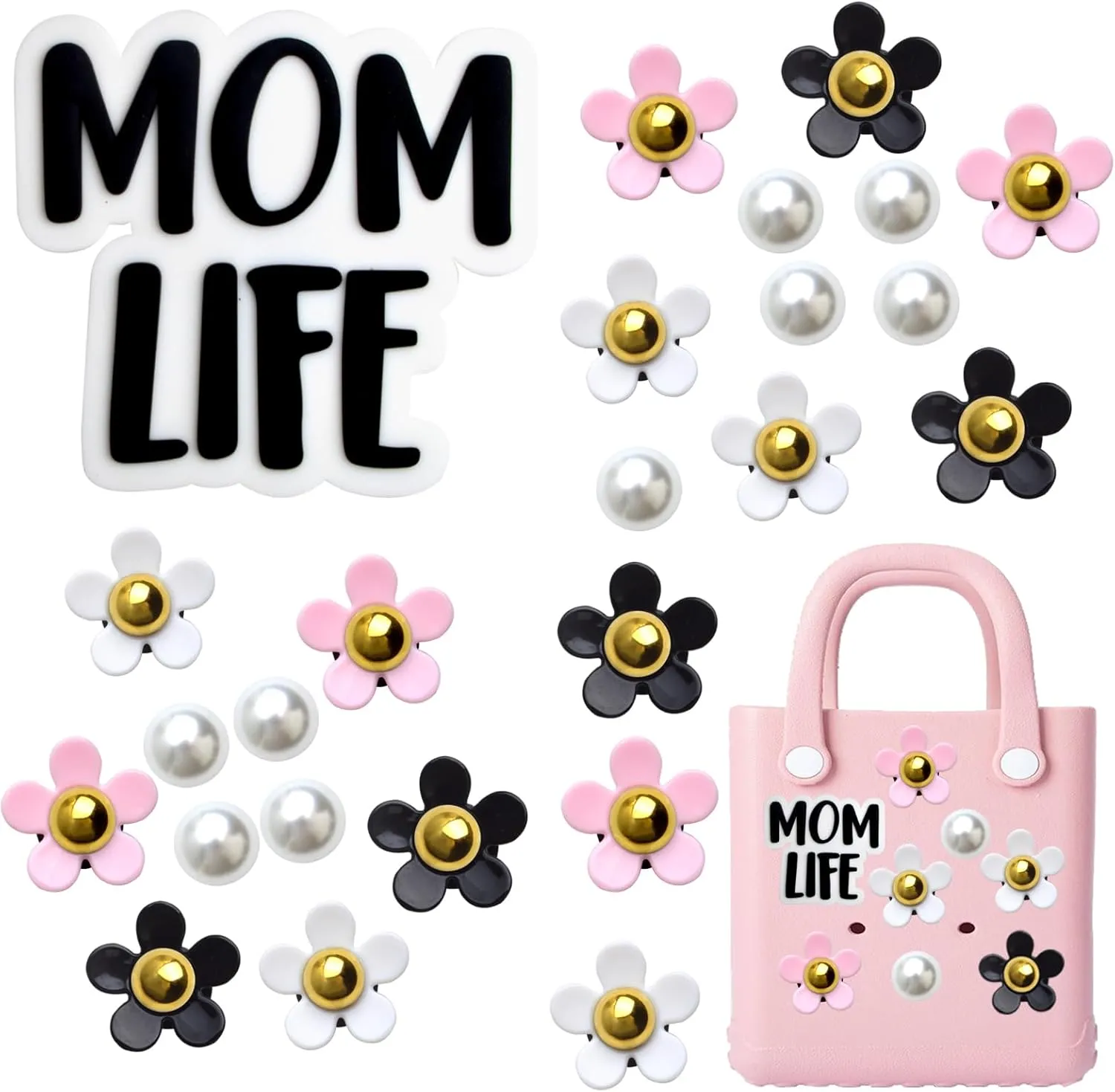 24pcs Bogg Bag Charm Accessories, White Pearls Flowers Decoration Charms, Black Momlife Insert Charm Clasp, Women Gifts for Simply Southern Beach Tote Handbags