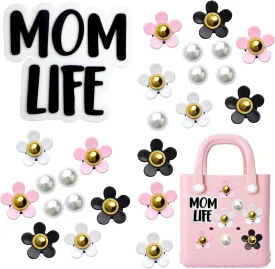 24pcs Bogg Bag Charm Accessories, White Pearls Flowers Decoration Charms, Black Momlife Insert Charm Clasp, Women Gifts for Simply Southern Beach Tote Handbags
