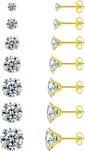 7 Pairs Stud Earrings Week Set,925 Sterling Silver Hypoallergenic 5A Cubic Zirconia 24K Gold Plated Earrings for Women CZ Earrings 3-9mm