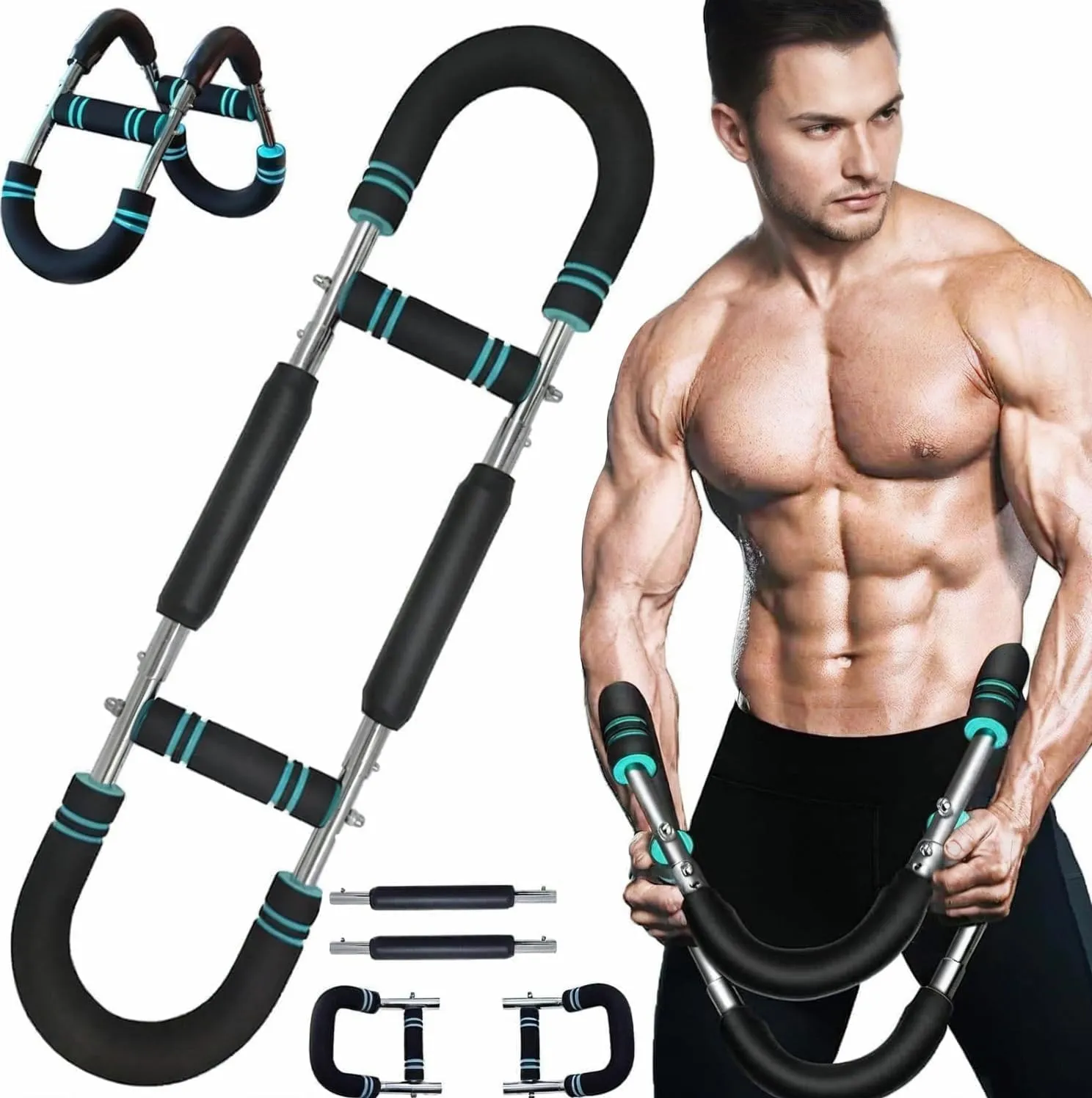 Adjustable Power Twister Bar, 50-88 lb Resistance, Arm and Chest Strength Trainer, Black/Turquoise