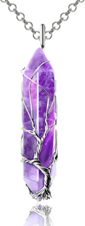 Amethyst Necklace Tree of Life Hexagonal Gemstone Pendant Natural Crystal Pendant Reiki Energy Jewelry Gift for Men and Women