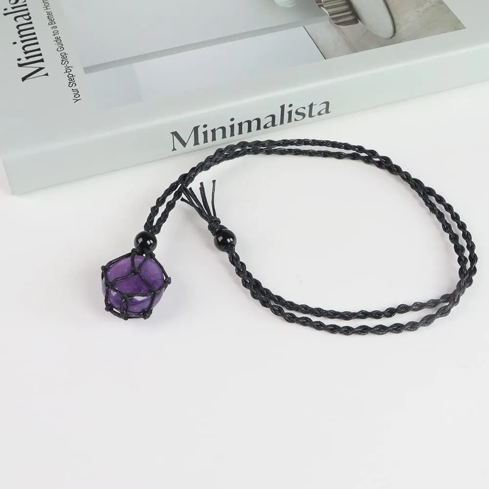 Anjiucc Natural Gemstone Crystal Pendant Necklace Stone Holder Necklace Cord Hand-Woven Necklace with Adjustable Length for Women Men
