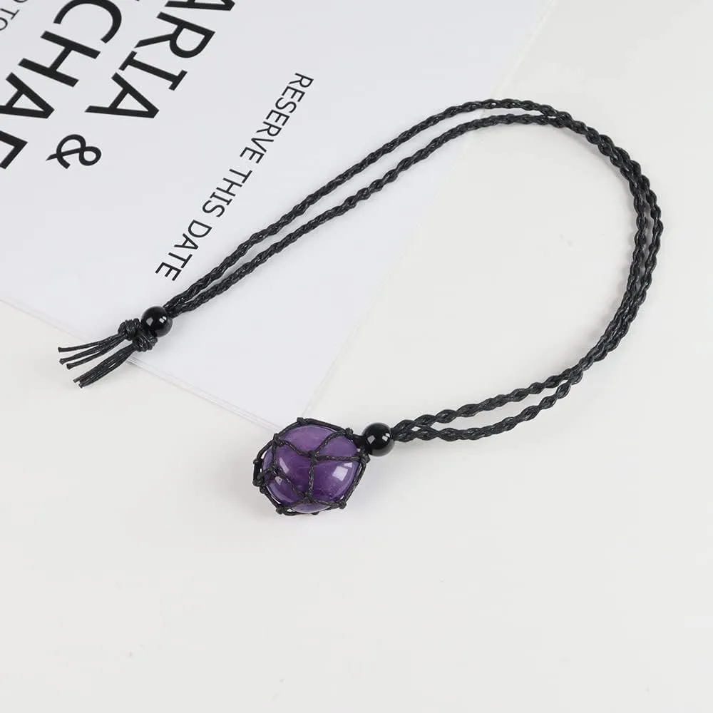 Anjiucc Natural Gemstone Crystal Pendant Necklace Stone Holder Necklace Cord Hand-Woven Necklace with Adjustable Length for Women Men