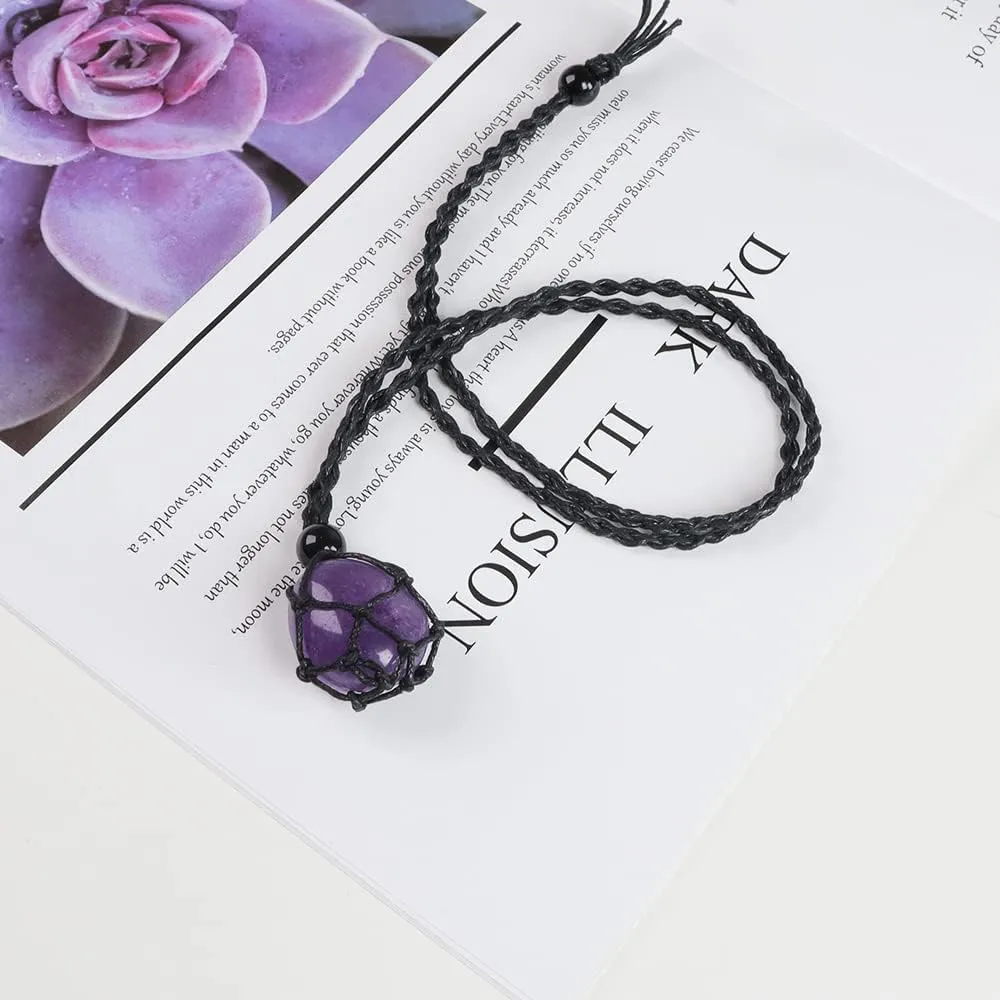 Anjiucc Natural Gemstone Crystal Pendant Necklace Stone Holder Necklace Cord Hand-Woven Necklace with Adjustable Length for Women Men