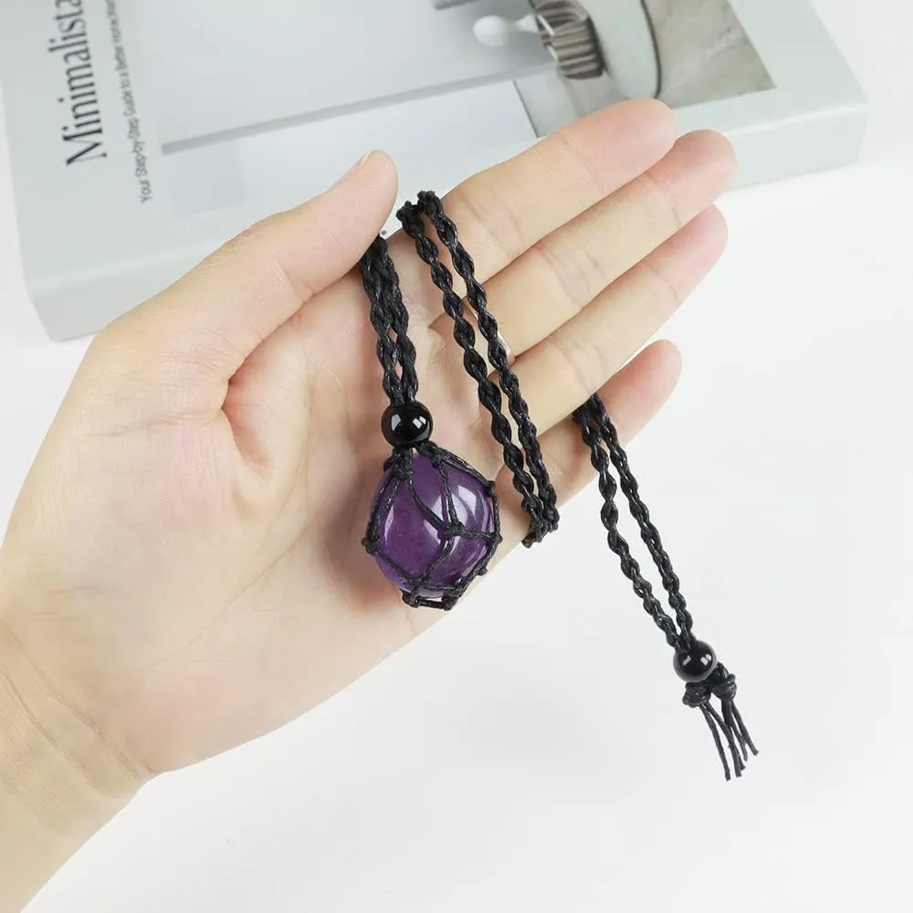 Anjiucc Natural Gemstone Crystal Pendant Necklace Stone Holder Necklace Cord Hand-Woven Necklace with Adjustable Length for Women Men