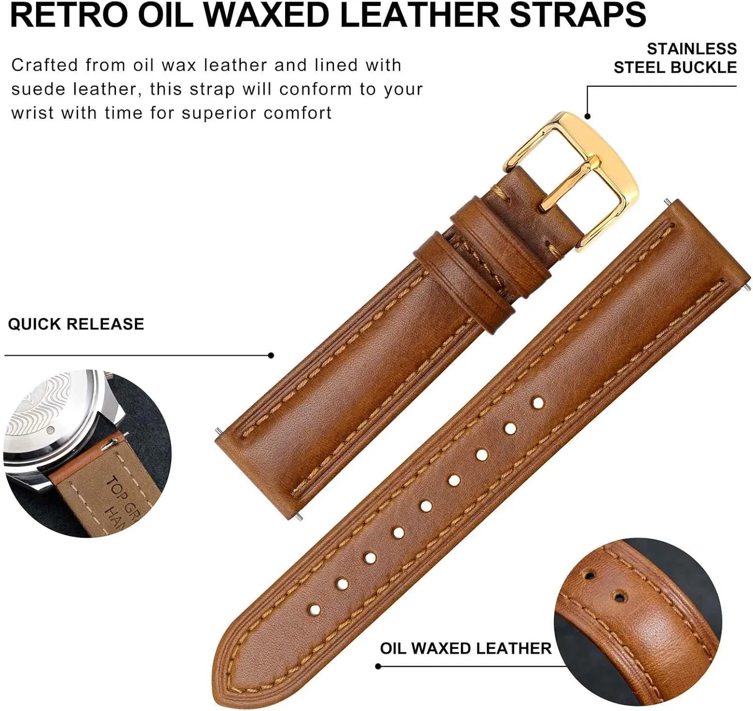 BISONSTRAP Retro Leather Watch Straps for Men, Oil Waxed Calfskin Replacement Band, Quick Release, Band Width 18mm 19mm 20mm 22mm
