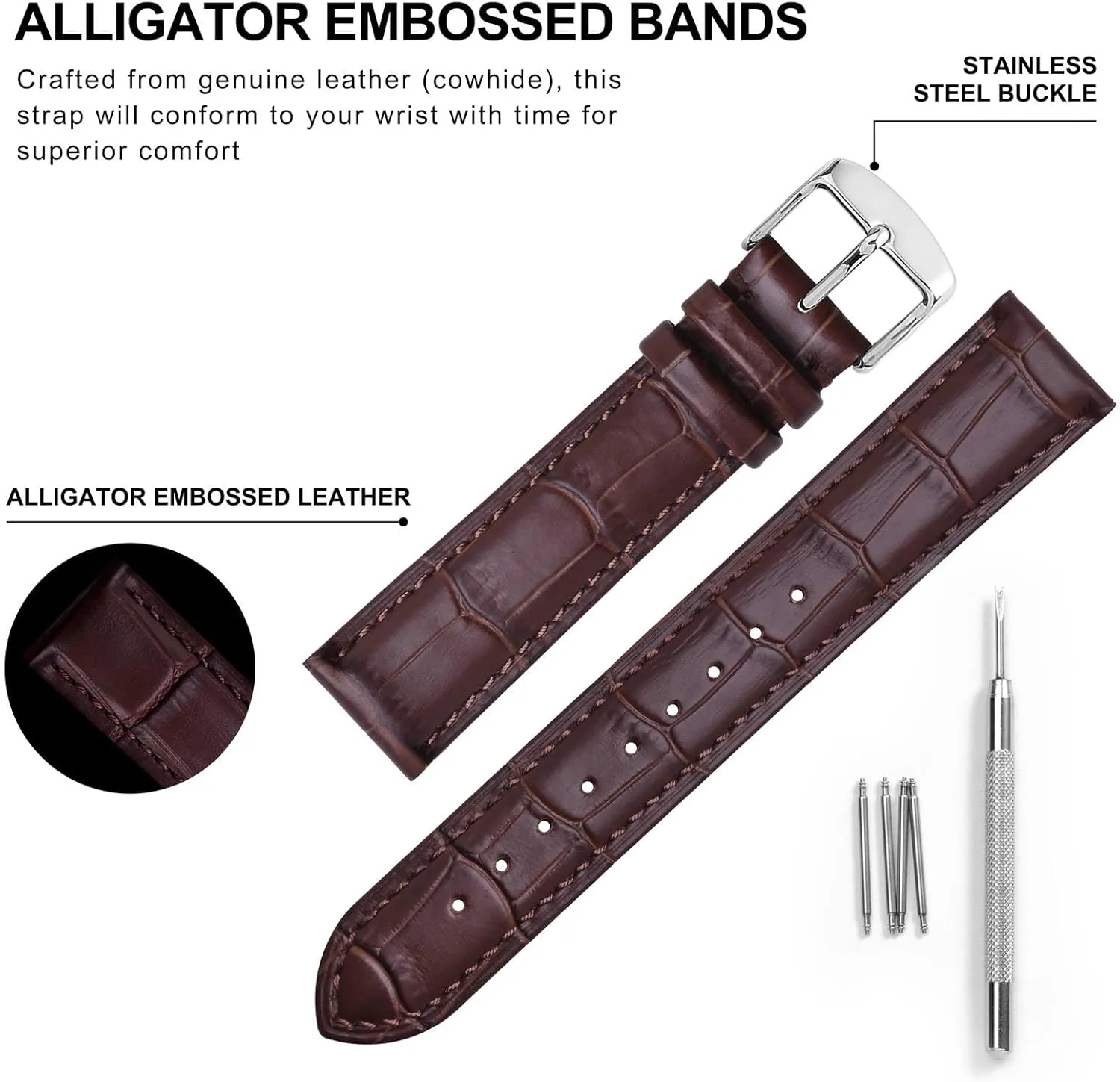 BISONSTRAP Watch Bands, Alligator Embossed Leather Watch Straps, Band Width- 18mm 19mm 20mm 22mm 24mm 26mm