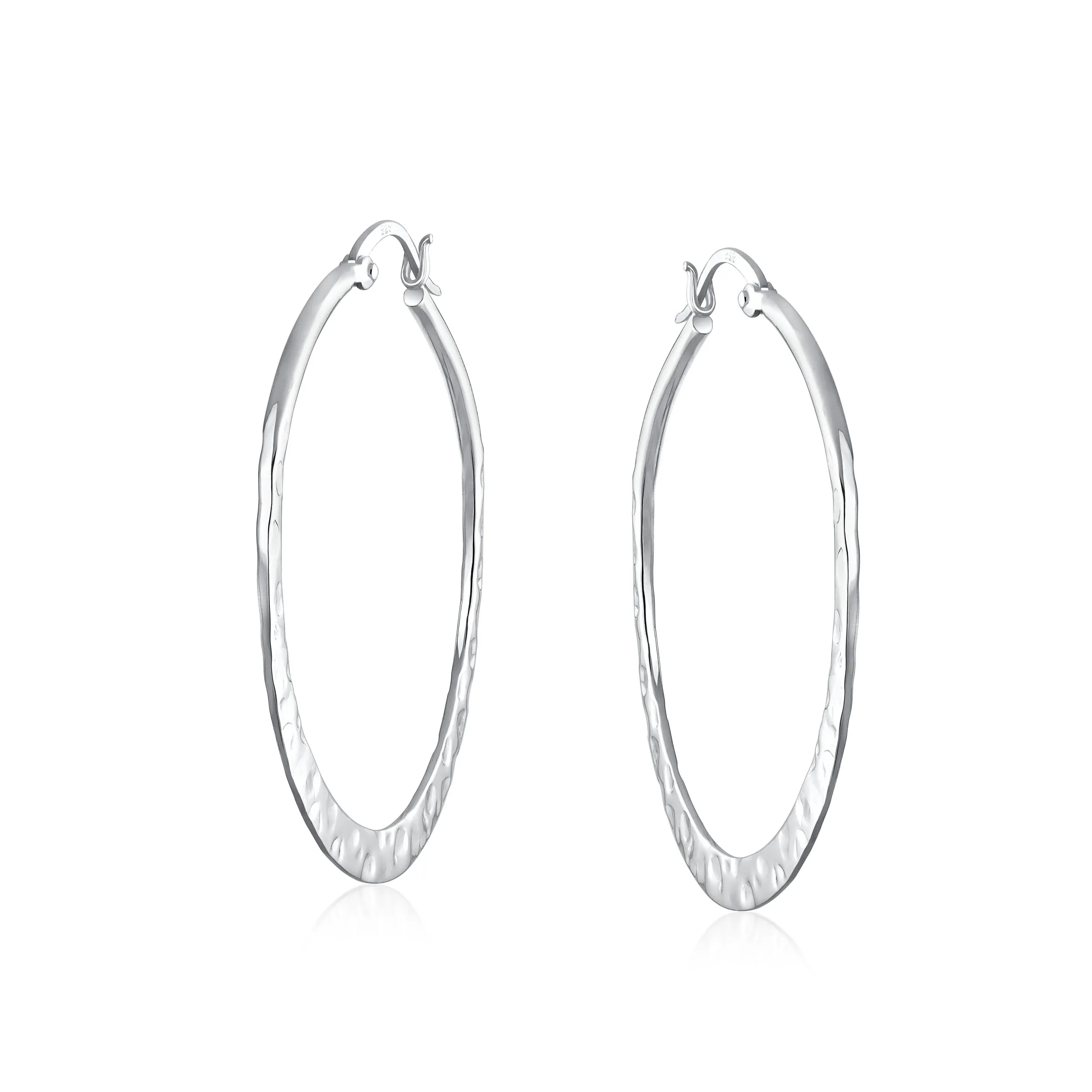 Boho Hammered Flat Hoop Earrings .925 Sterling Silver 1 5 Inch Dia