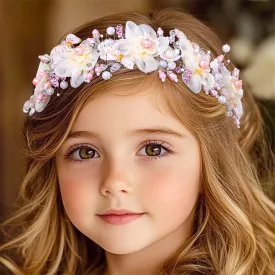 Campsis Flower Girls Headpiece White Tulle Floral Headband Pearl Butterfly Hair Accessory for Women and Girls