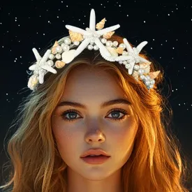 Catery Starfish Crown Seashell Headband Pearl Mermaid Headpiece Beach Wedding Accessories for Women