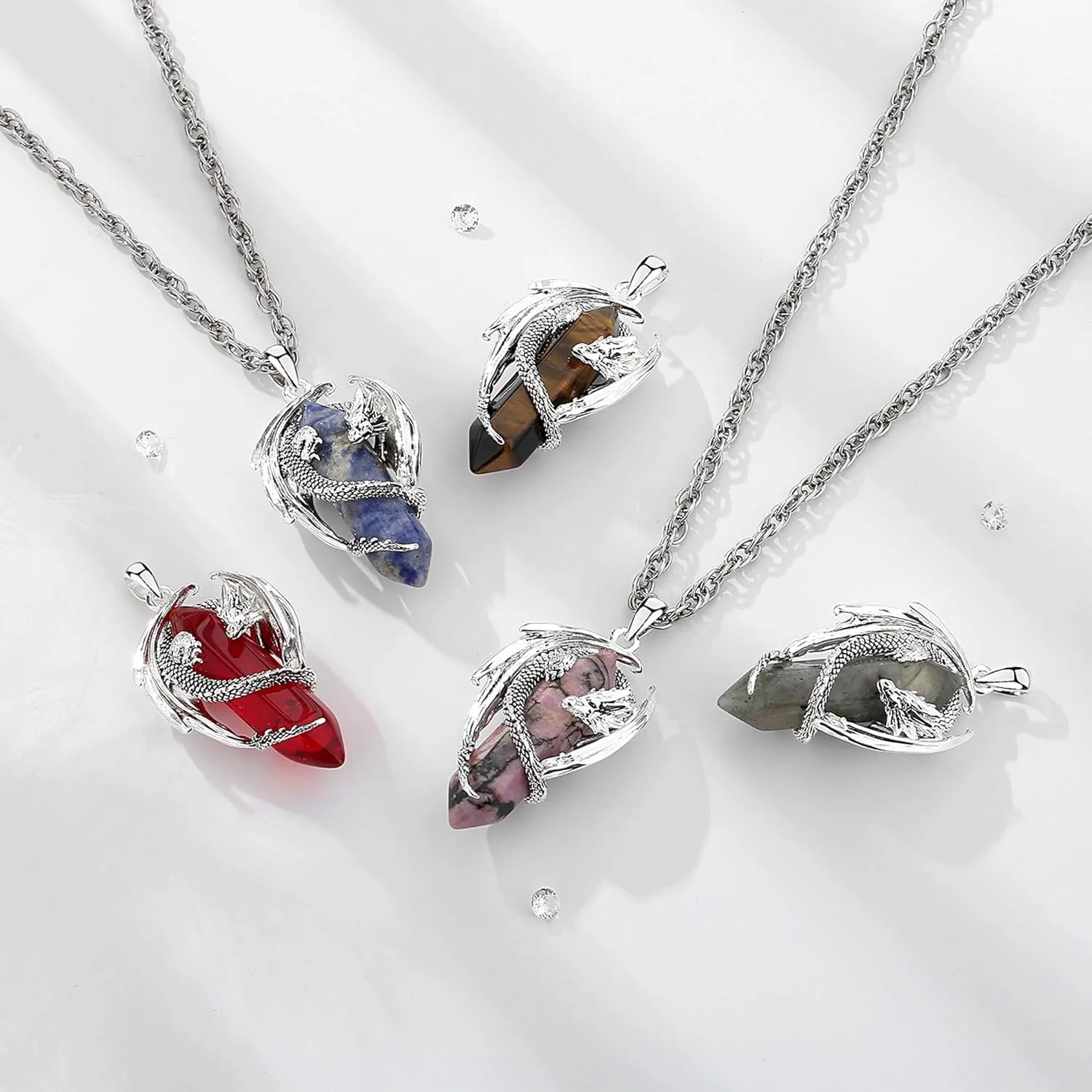 CELESTIA Silver-Plated Copper Dragon Necklace Crystal 7 Chakras, Rose Quartz, Turquoise, Obsidian, Amethyst, Malachite, White Crystal, Dongling Jade - 22'' 2'' Stainless Steel Singapore Chain