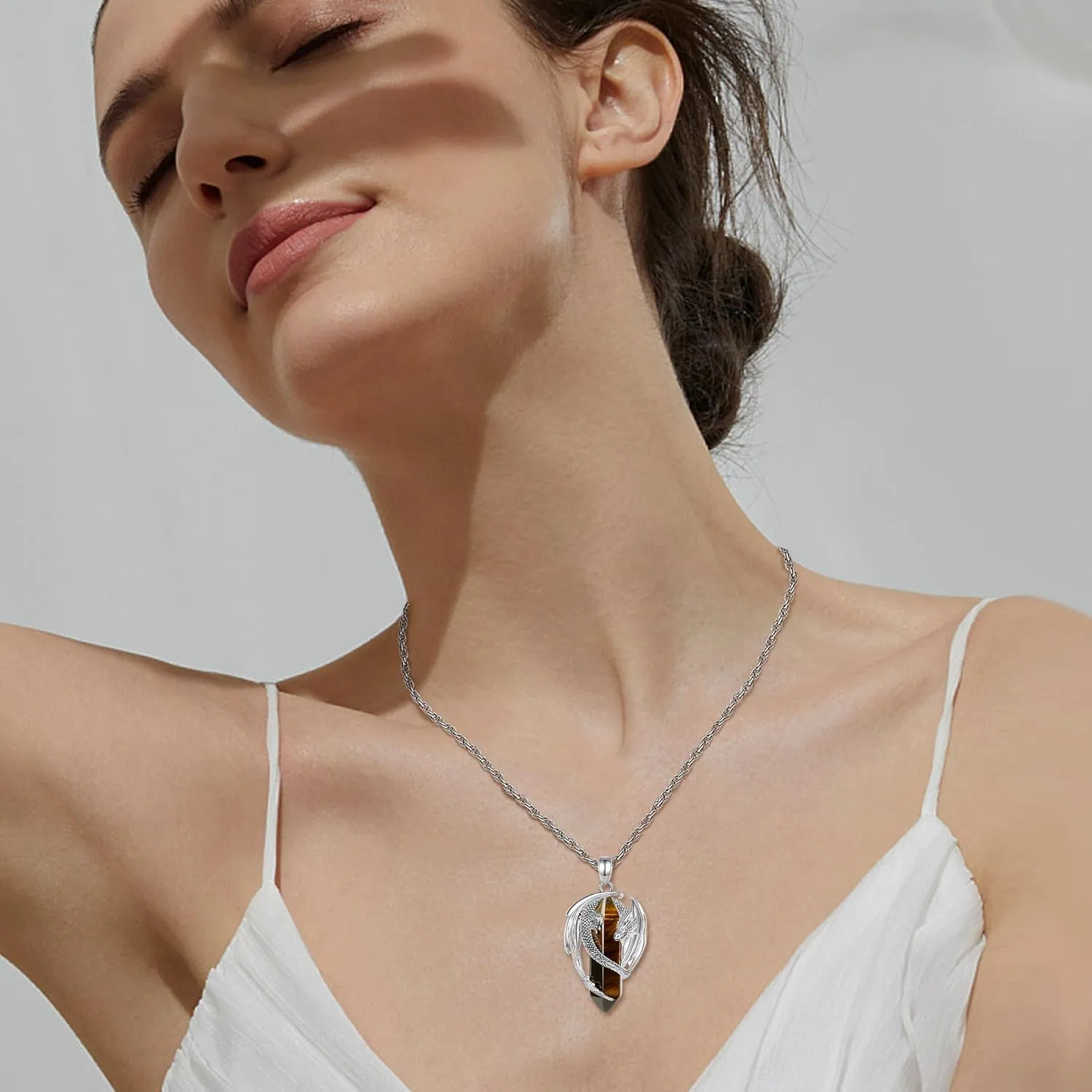 CELESTIA Silver-Plated Copper Dragon Necklace Crystal 7 Chakras, Rose Quartz, Turquoise, Obsidian, Amethyst, Malachite, White Crystal, Dongling Jade - 22'' 2'' Stainless Steel Singapore Chain
