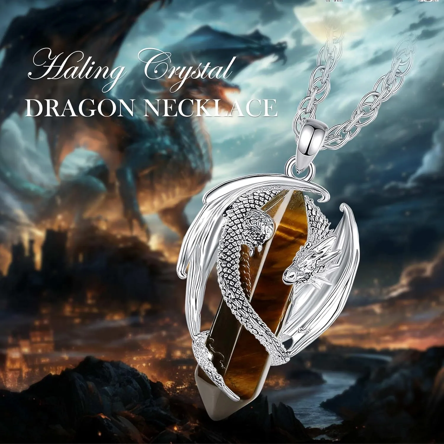 CELESTIA Silver-Plated Copper Dragon Necklace Crystal 7 Chakras, Rose Quartz, Turquoise, Obsidian, Amethyst, Malachite, White Crystal, Dongling Jade - 22'' 2'' Stainless Steel Singapore Chain