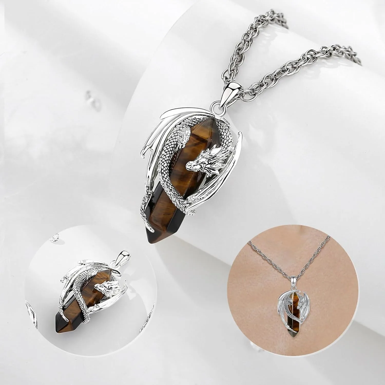 CELESTIA Silver-Plated Copper Dragon Necklace Crystal 7 Chakras, Rose Quartz, Turquoise, Obsidian, Amethyst, Malachite, White Crystal, Dongling Jade - 22'' 2'' Stainless Steel Singapore Chain