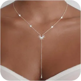 CHESKY Long Necklaces for Women, 14k Gold Plated/Streling Silver Lariat Necklace Dainty Statement Prom Necklace Rosary Cross Sun Drop Pendant Dangle Necklace Gold Prom Jewelry for Women Gifts