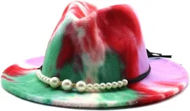 DHAEY Autumn and Winter Tie-Dyed Colored Wool Hat Fashion Flat Brim Pearl Jazz Hat European and American Style New Felt Hat Luopan Caps & Hats (Color : Apple Green, Size : 56-58cm)