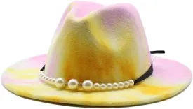 DHAEY Autumn and Winter Tie-Dyed Colored Wool Hat Fashion Flat Brim Pearl Jazz Hat European and American Style New Felt Hat Luopan Caps & Hats (Color : Rose Red, Size : 56-58cm)