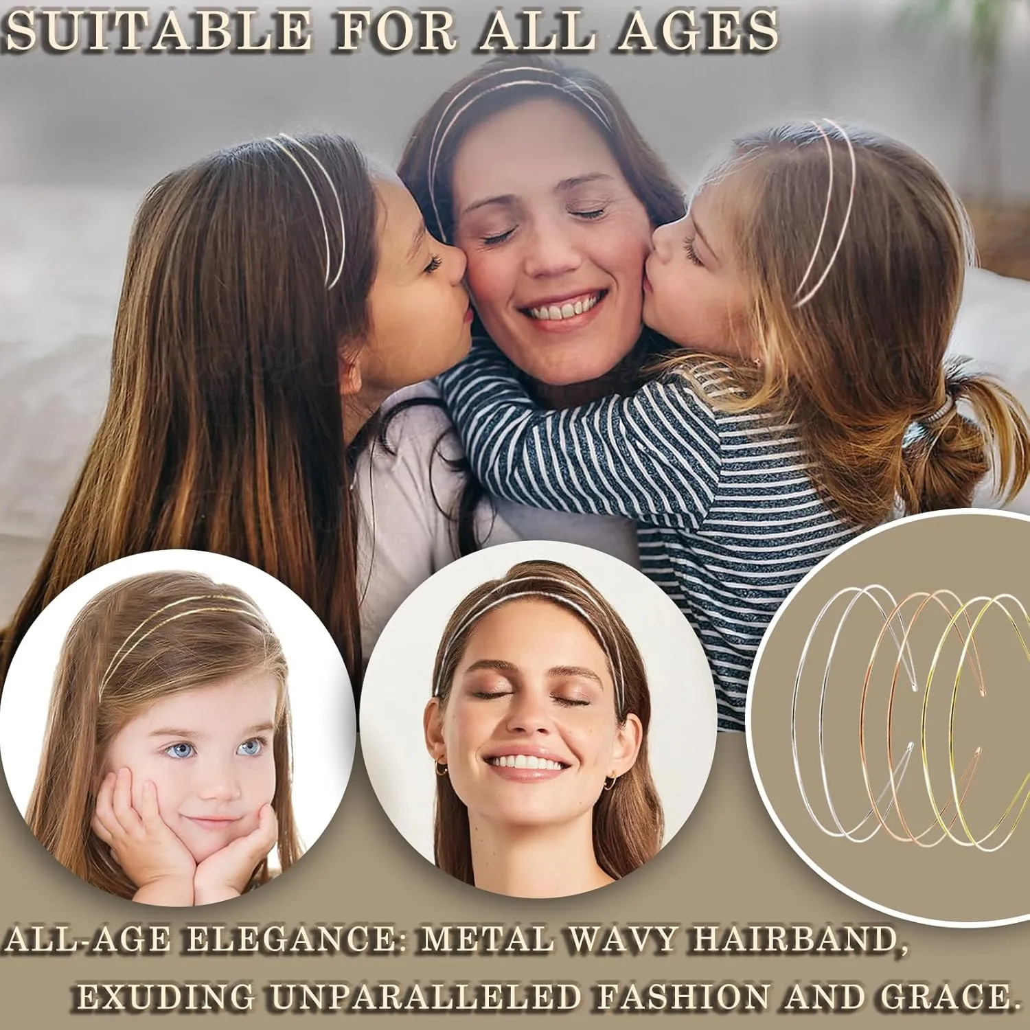 Elegant 4 Pack Gold Metal Thin Hairbands. Elastic Hair Bands for Teens & Women Ideal For Parties And Special Occasions (2 golden and 2 silver)