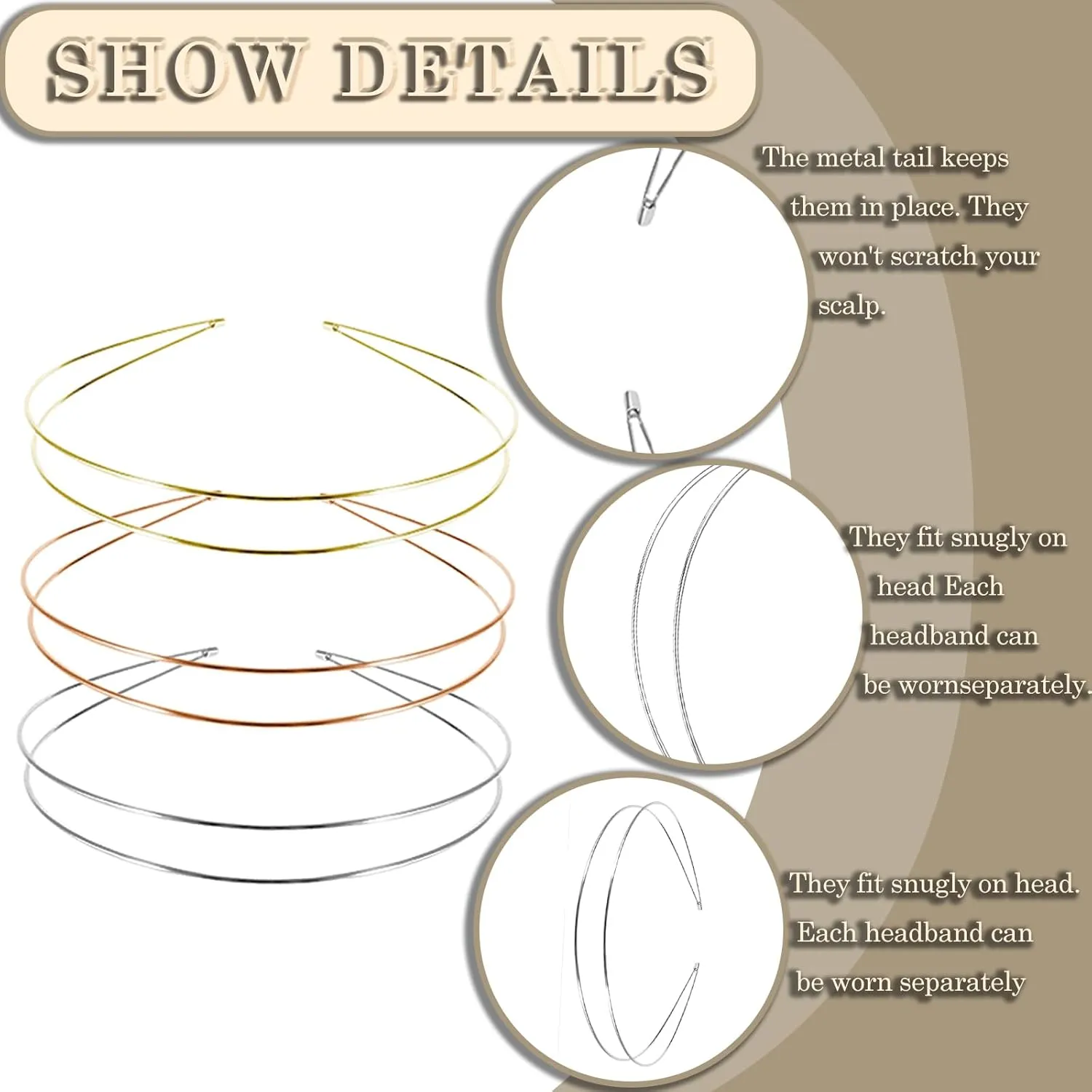 Elegant 4 Pack Gold Metal Thin Hairbands. Elastic Hair Bands for Teens & Women Ideal For Parties And Special Occasions (2 golden and 2 silver)