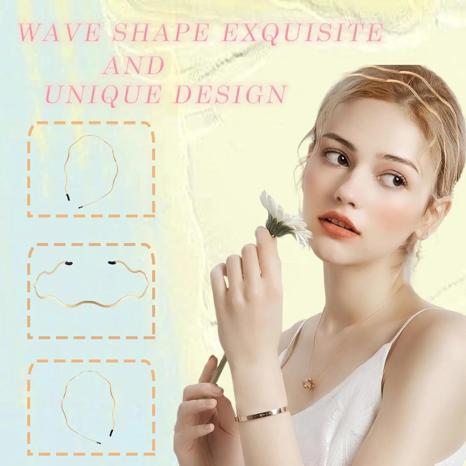 Elegant 4 Pack Gold Metal Thin Hairbands. Elastic Hair Bands for Teens & Women Ideal For Parties And Special Occasions (2 golden and 2 silver(Big metallic waves))