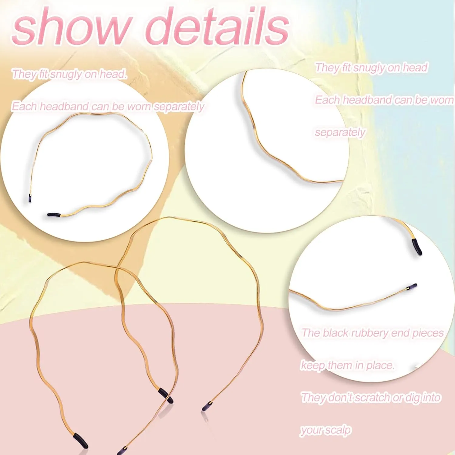 Elegant 4 Pack Gold Metal Thin Hairbands. Elastic Hair Bands for Teens & Women Ideal For Parties And Special Occasions (2 golden and 2 silver(Big metallic waves))