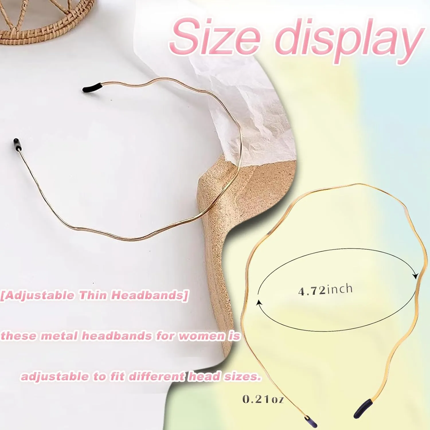 Elegant 4 Pack Gold Metal Thin Hairbands. Elastic Hair Bands for Teens & Women Ideal For Parties And Special Occasions (2 golden and 2 silver(Big metallic waves))