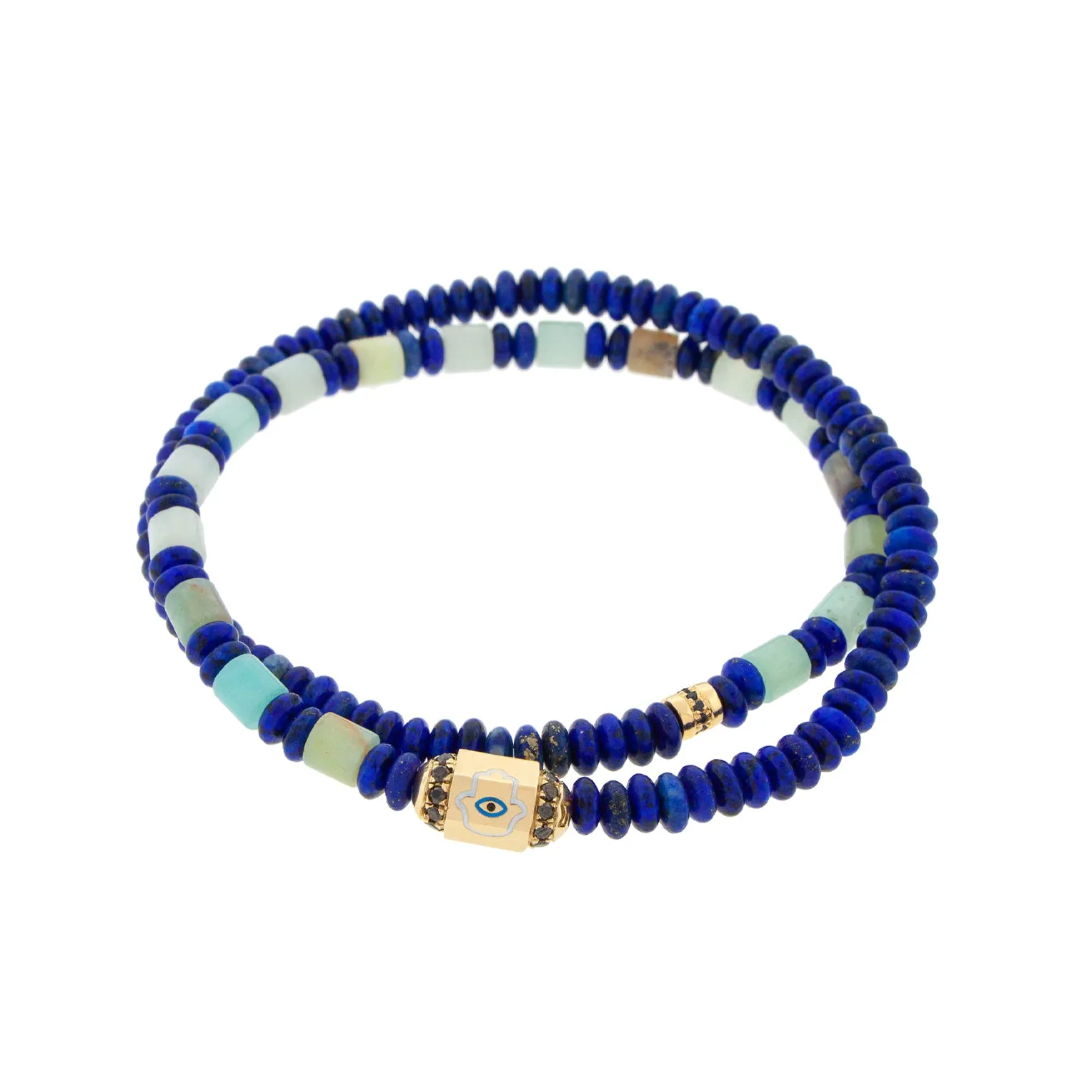 Enameled Hamsa Bolt with a Short Roll and Black Diamonds Double Wrap Bracelet