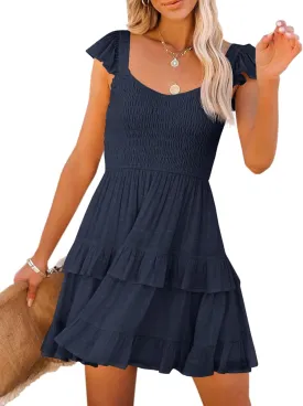 Fessceruna Womens Summer Ruffle Dresses Elastic Empire Waist A-line Layered Swing Flowy Mini Dress