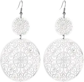 Filigree Round Disc Earrings for Women Bohemian Unique Metallic Cutout Black Round Shape Double Layer Hollow Tassel Matte Flower Carved Long Dangle Drop Earrings for Boho Ethnic Style Jewelry Gifts