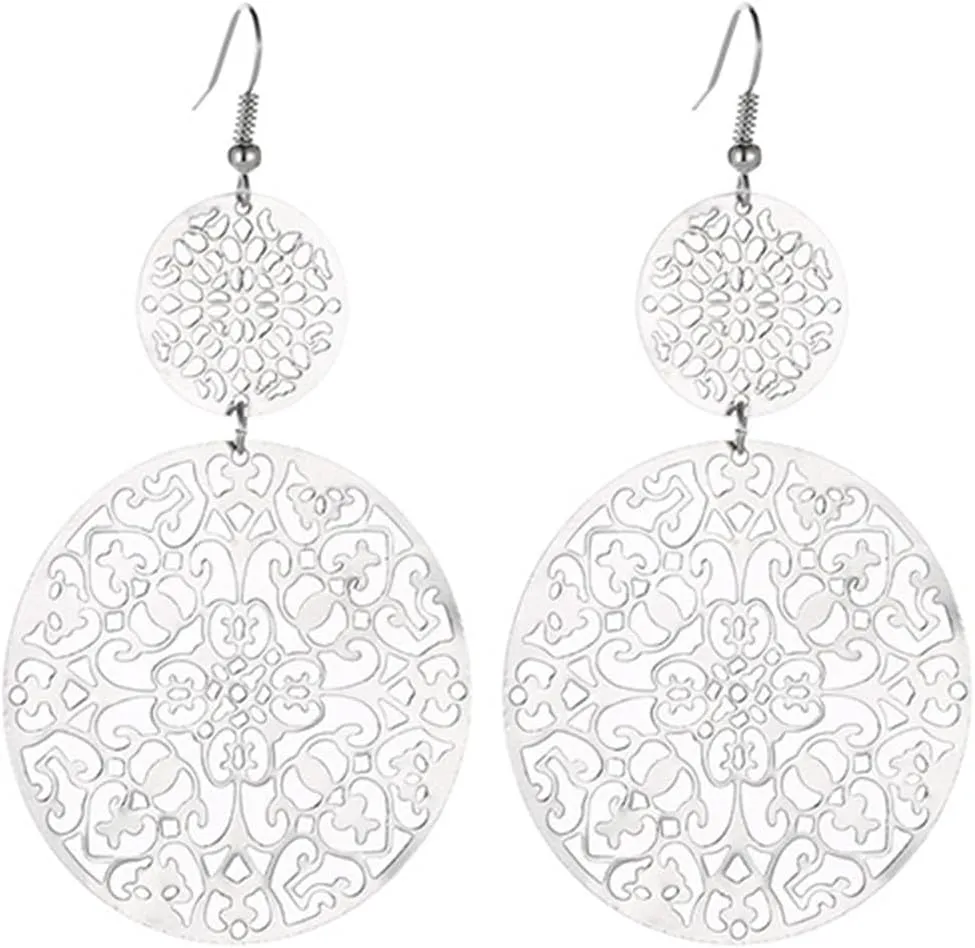Filigree Round Disc Earrings for Women Bohemian Unique Metallic Cutout Black Round Shape Double Layer Hollow Tassel Matte Flower Carved Long Dangle Drop Earrings for Boho Ethnic Style Jewelry Gifts