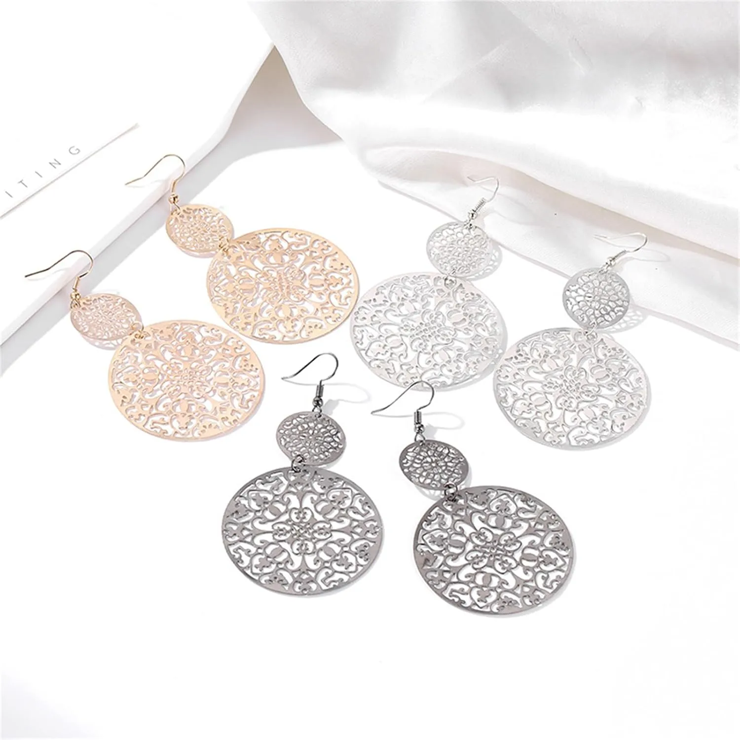 Filigree Round Disc Earrings for Women Bohemian Unique Metallic Cutout Black Round Shape Double Layer Hollow Tassel Matte Flower Carved Long Dangle Drop Earrings for Boho Ethnic Style Jewelry Gifts
