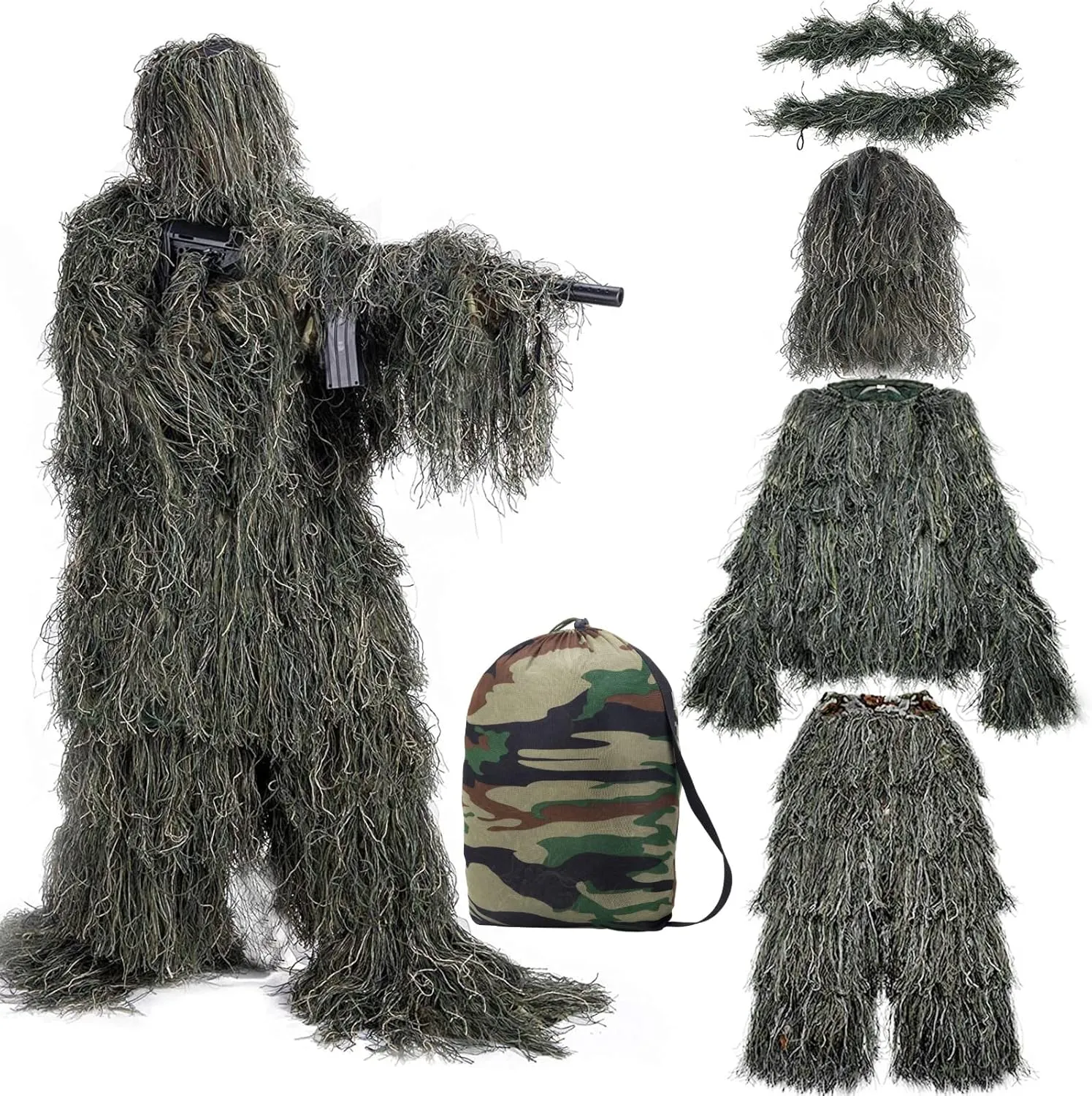 Ghillie Suit 5 in 1, 3D Camouflage Hunting Suit Clothes, Woodland Gilly Suit Hooded Gillies Suits for Men Hunting, Hallowee Costume