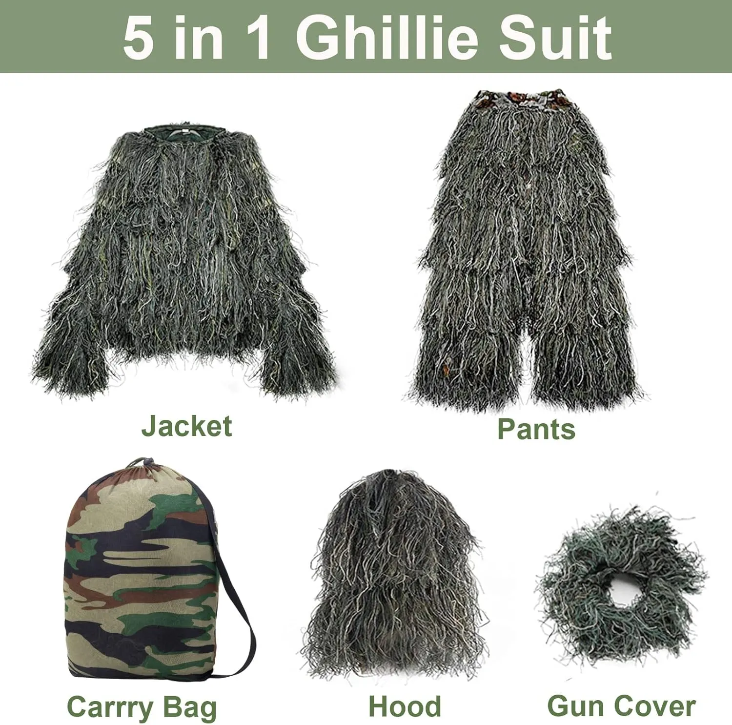 Ghillie Suit 5 in 1, 3D Camouflage Hunting Suit Clothes, Woodland Gilly Suit Hooded Gillies Suits for Men Hunting, Hallowee Costume