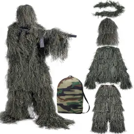 Ghillie Suit 5 in 1, 3D Camouflage Hunting Suit Clothes, Woodland Gilly Suit Hooded Gillies Suits for Men Hunting, Hallowee Costume