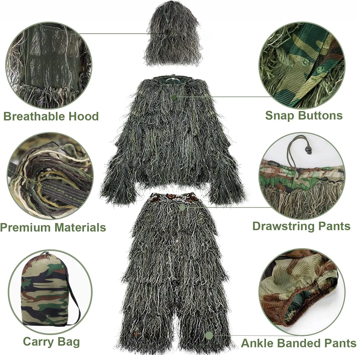 Ghillie Suit 5 in 1, 3D Camouflage Hunting Suit Clothes, Woodland Gilly Suit Hooded Gillies Suits for Men Hunting, Hallowee Costume