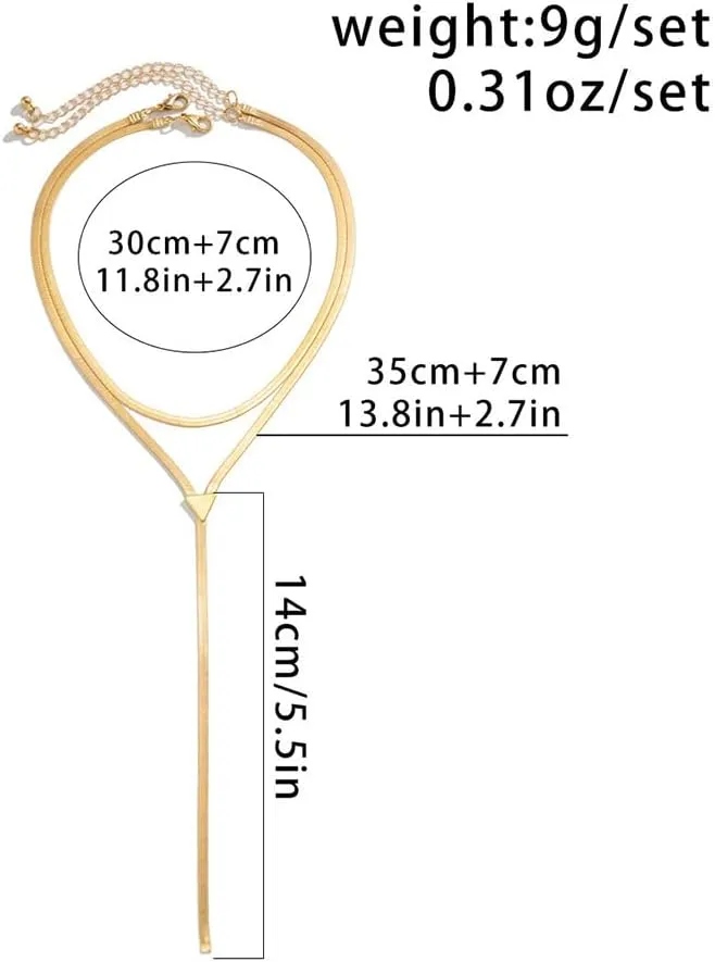 Gold Choker Statement Necklace for Woman Long Thick Silver Triangle Lariat Choker Y Necklaces Accessories for Women Trendy Herringbone Chain Round Bead Jewelry Gift