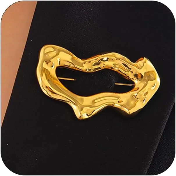 Gold Statement Simple Hollow Brooch Pin for Women, Vintage Unique Big Hammered Irregular Geometric Brooch Suit Costume Chest Accessories Jewelry Gift