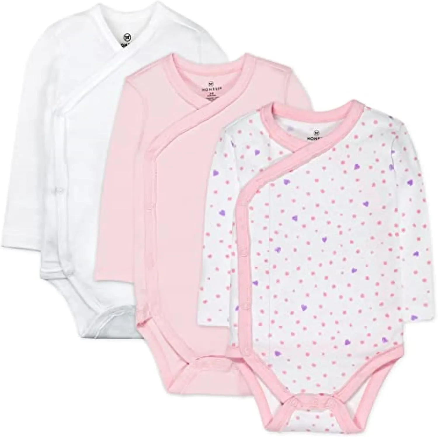 HonestBaby unisex baby 3-pack Organic Cotton Long Sleeve Side-snap Kimono Bodysuits and Toddler T Shirt Set, Love Dot, Newborn US