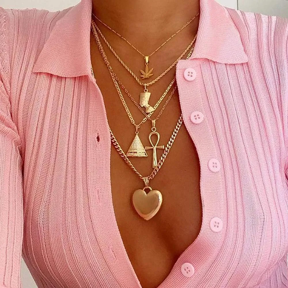 HUJUON 5-Layer Nefertiti Pharaoh Necklace. Punk Gold Egyptian Queen Heart Cross Layered Necklace,Hip Hop African Women Men Jewelry