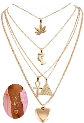 HUJUON 5-Layer Nefertiti Pharaoh Necklace. Punk Gold Egyptian Queen Heart Cross Layered Necklace,Hip Hop African Women Men Jewelry