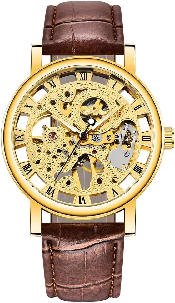 Men's Skeleton Mechanical Roman Numeral Mesh Strap Watch, Hand Winding Mechanical Mesh Luminous Waterproof Watch for Men