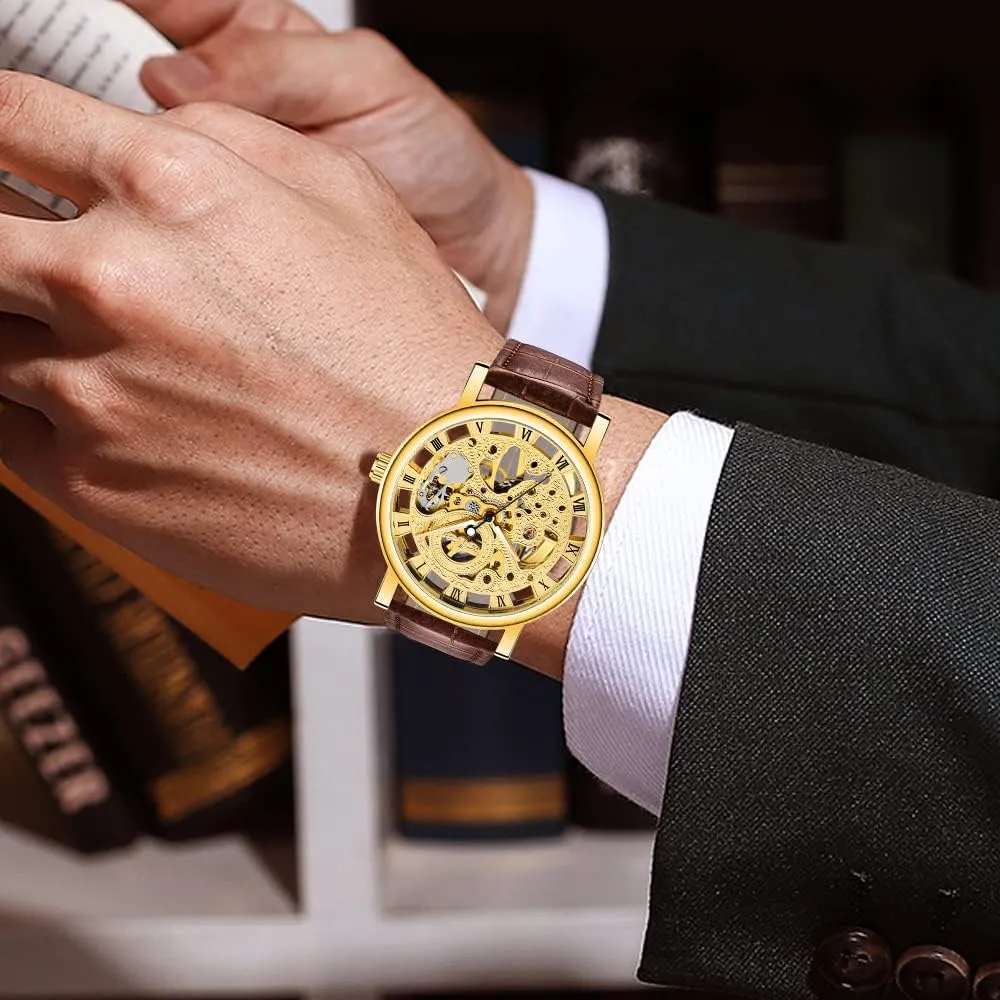 Men's Skeleton Mechanical Roman Numeral Mesh Strap Watch, Hand Winding Mechanical Mesh Luminous Waterproof Watch for Men