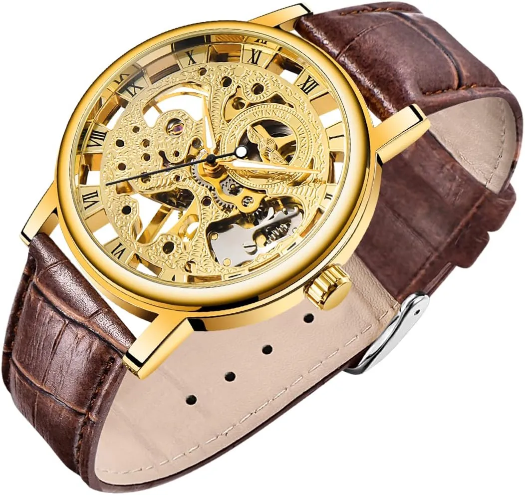 Men's Skeleton Mechanical Roman Numeral Mesh Strap Watch, Hand Winding Mechanical Mesh Luminous Waterproof Watch for Men