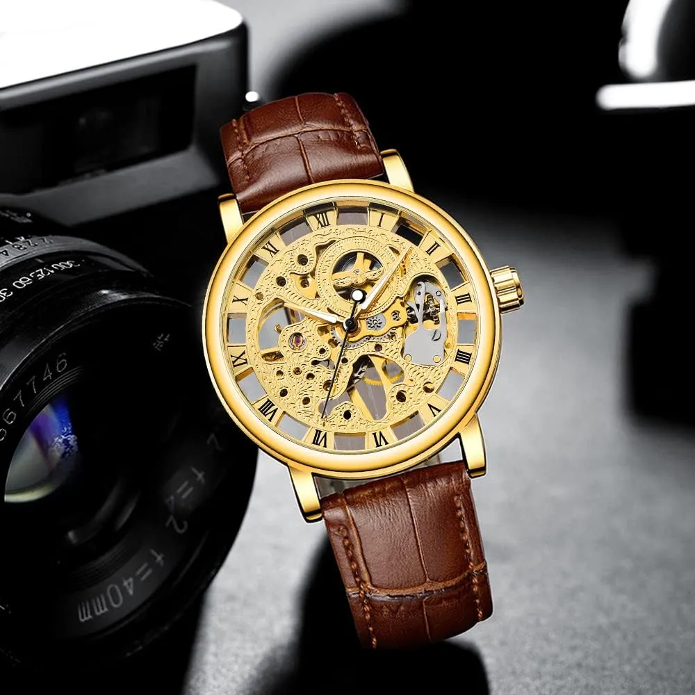 Men's Skeleton Mechanical Roman Numeral Mesh Strap Watch, Hand Winding Mechanical Mesh Luminous Waterproof Watch for Men