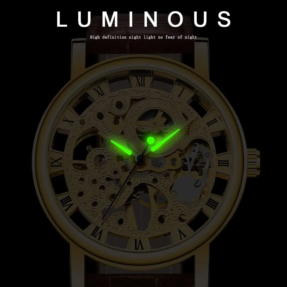 Men's Skeleton Mechanical Roman Numeral Mesh Strap Watch, Hand Winding Mechanical Mesh Luminous Waterproof Watch for Men
